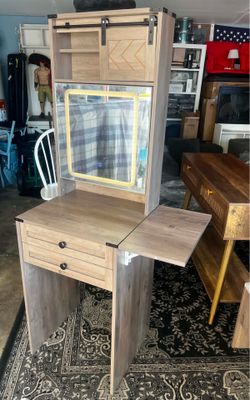 Vanity Desk Set with Mirror Cabinet Compact Makeup Vanities Set with 3 Adjustable Lights