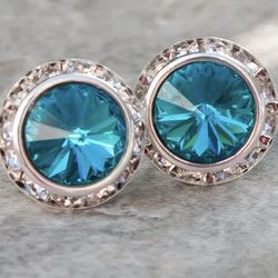 Silver Teal Blue Round Swarovski Crystal Stud Earrings