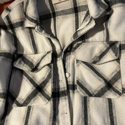 White and Black Plaid Flannel Jacket 