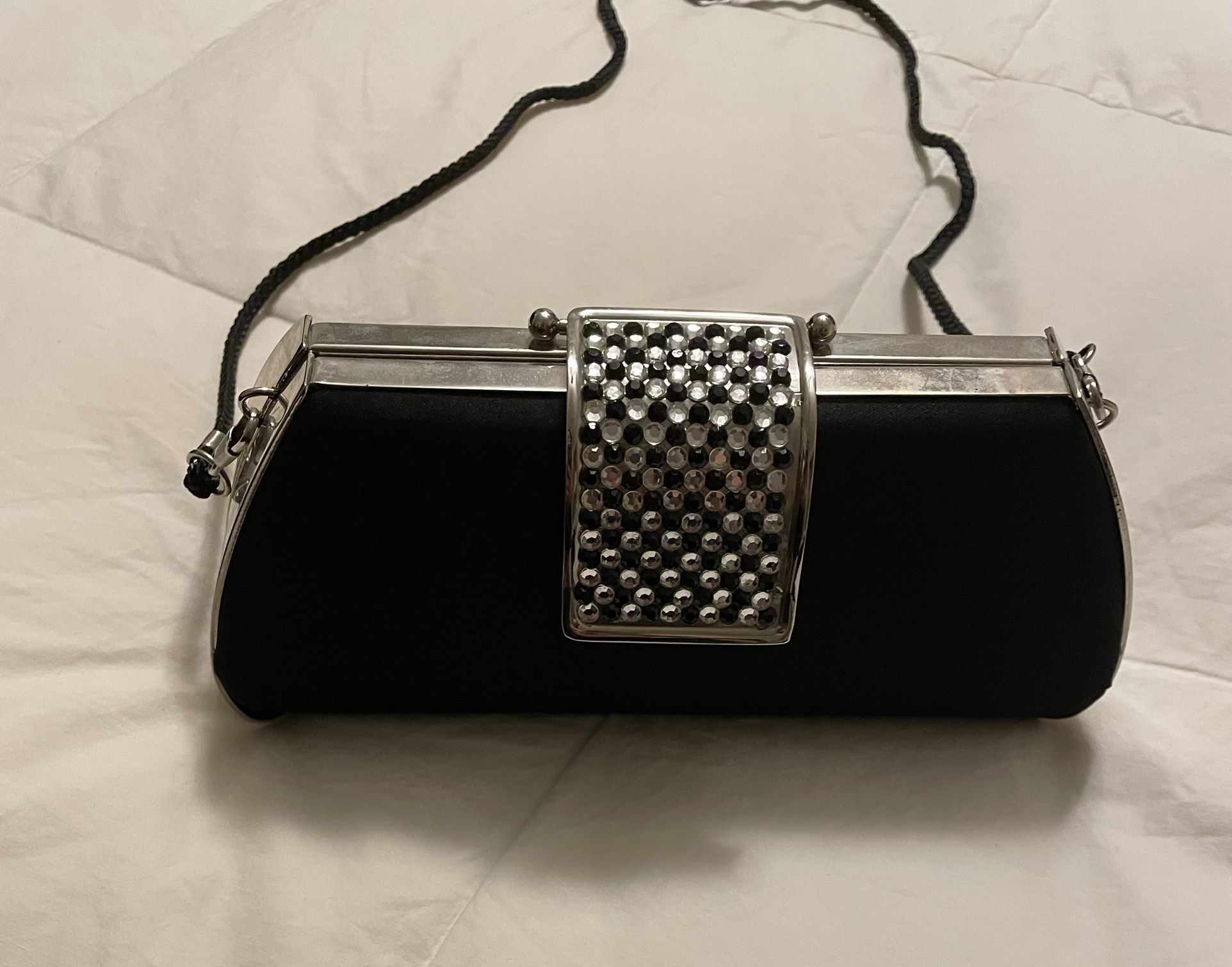 Hard Shell Black Silky Purse Rhinestone Clasp