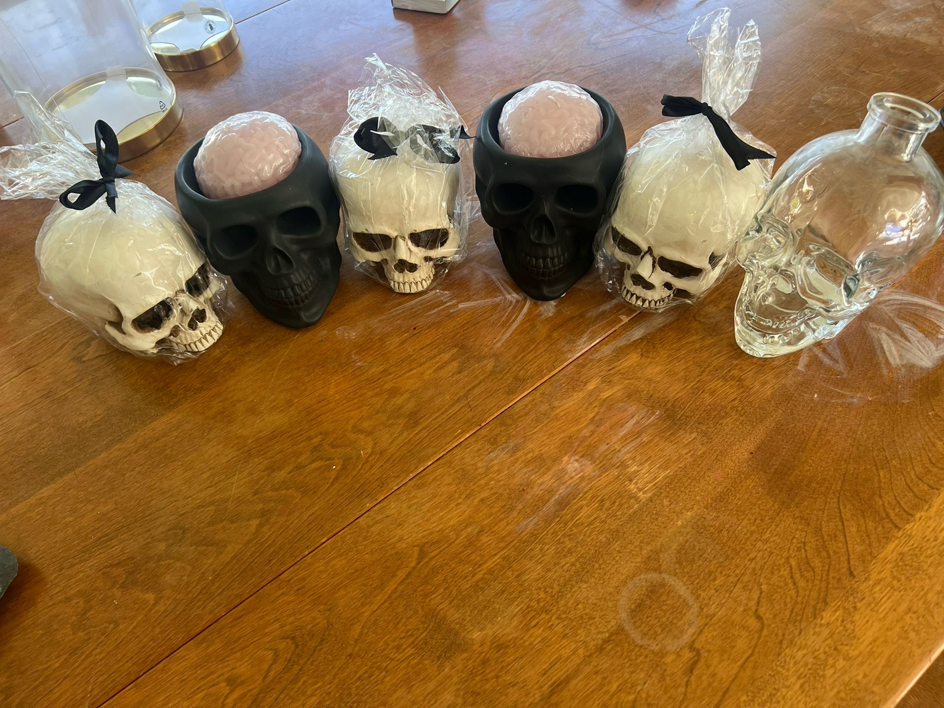 White Skull Candles, Black Candle Holders With “brain” Candles And Glass Skull 