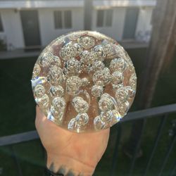 Large Clear Art Glass Orb Sculpture or Paperweight with Bubbles