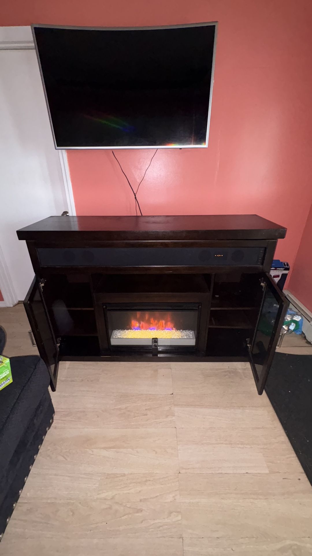 TV Stand with Electric Fireplace – Modern Dark Wood Finish