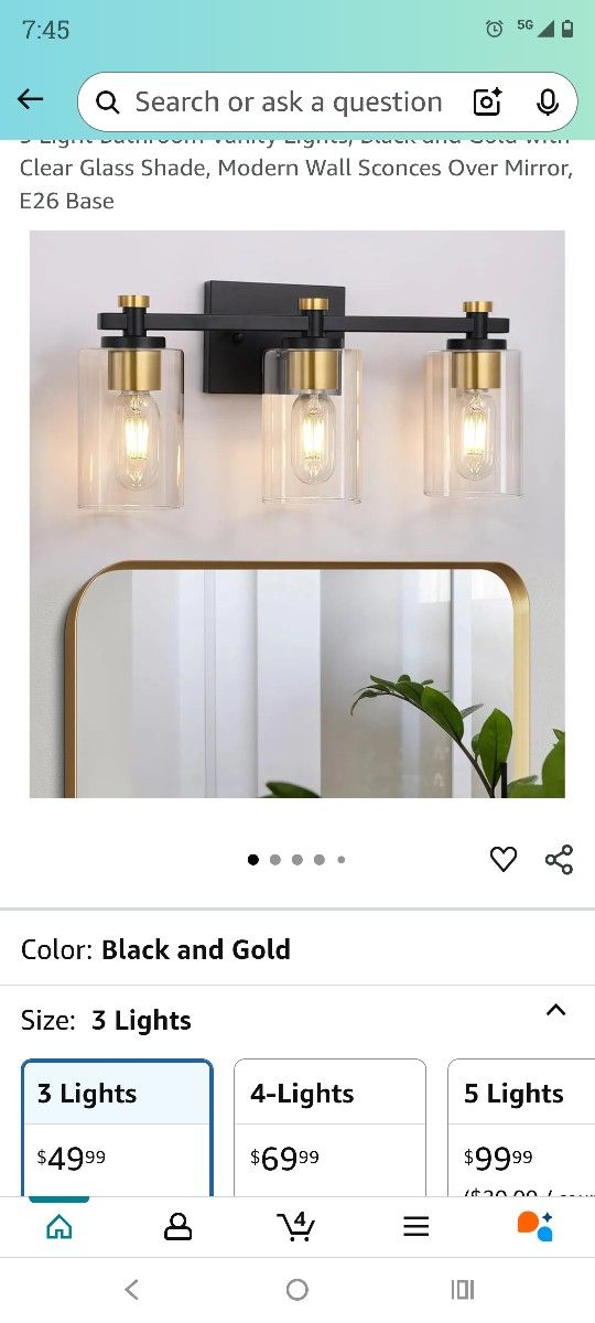 3 Light Bathroom Vanity Lights, Black and Gold with Clear Glass Shade. Luces Doradas Con Negro