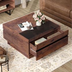 Square Wood Coffee Table with Storage Drawers