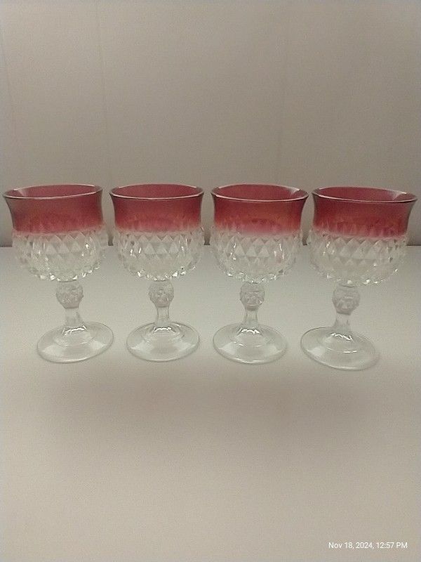Vintage Indiana Diamond Cut Ruby And Clear Glass Wine Glasses