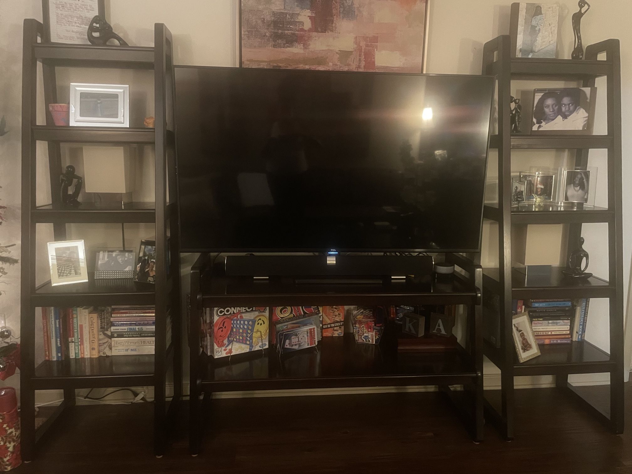 Versatile Entertainment Unit with Ladder-Style Bookshelves