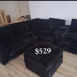 4-pc Sectional Sofa With Ottoman Black Fur-like Jumbo Corduroy No Tax ‼️