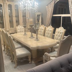 Luxury Solid Wood Dining Table Set w/ Extension & 8 Chairs