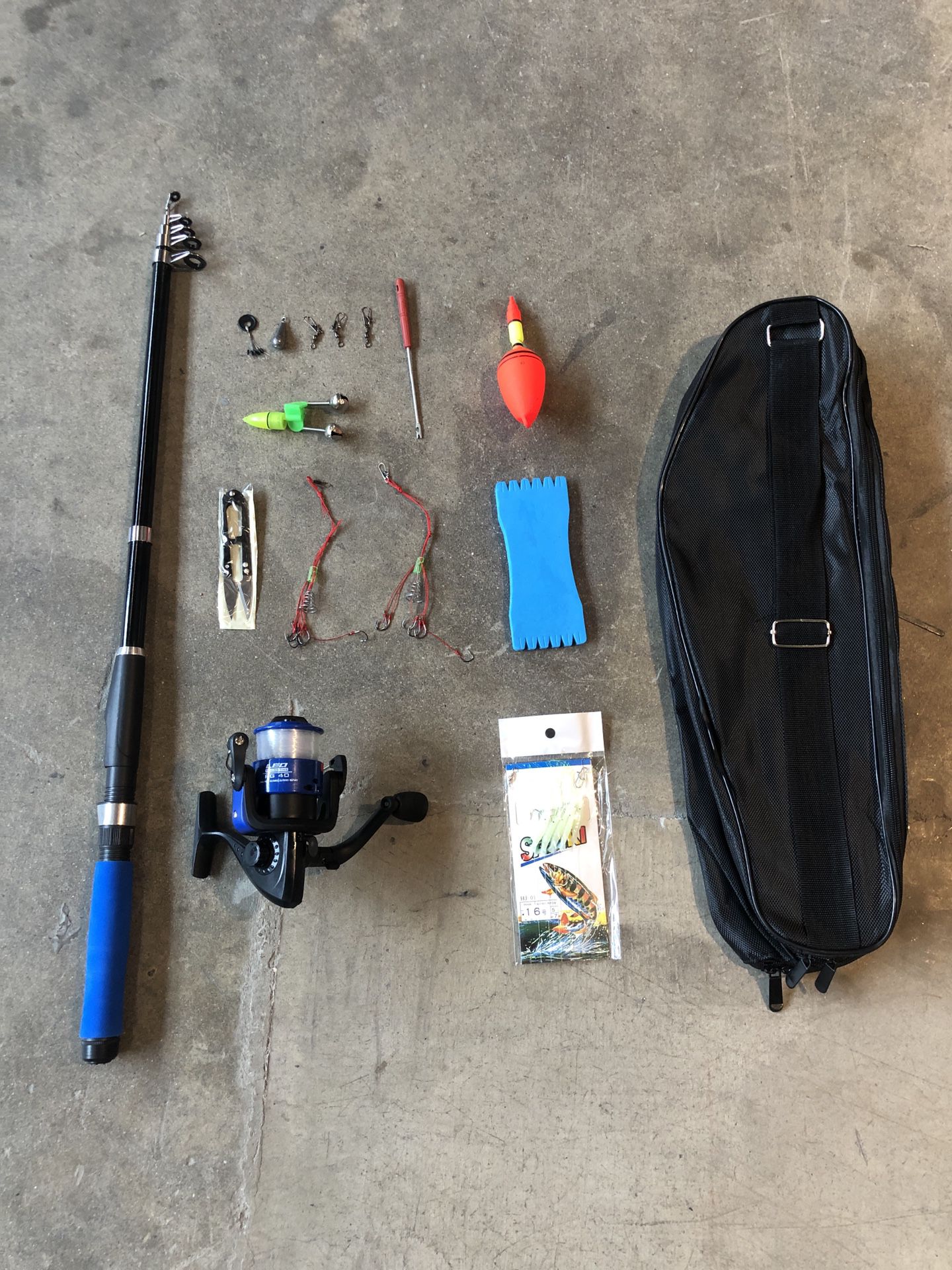 Fishing Pole / Rod And Reel, Complete with weights, hooks, lures, scissors, bag
