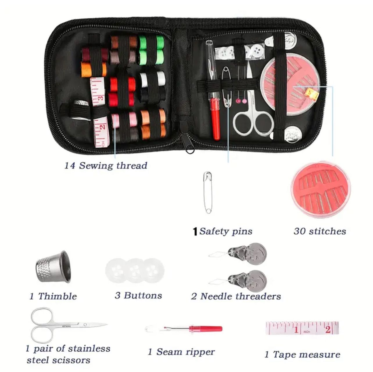 All-in-One Black Sewing Kit - 54 Pieces, 14 Threads for Emergency Repairs, Trave