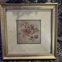 VTG Single Flower Print Gold Tone Frame W/ Glass & Matted 9.5X 9.5” Reproduction