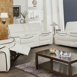 White Leather Fully Reclining Three Piece Couch Set 