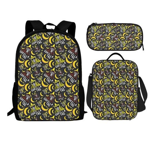 Gorilla Tag 3piece Student Set: Graphic Backpack/Pencil Case/Crossbody Lunch Bag. New without tags. The image shows a "Gorilla Tag" themed backpack se