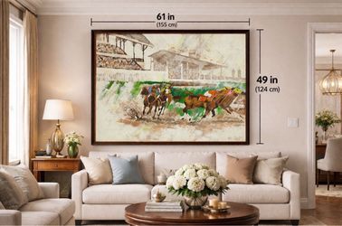 ⭕️ Large Acrylic Painting On Canvas Lee Reynolds “Horse Race” – 61” x 49”