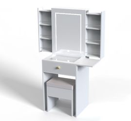 ✨ Modern White Vanity Desk with LED Mirror & Storage | Makeup Vanity Set with Stool