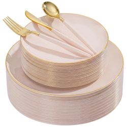 150Pcs Pink Plastic Plates with Gold Rim,Elegant Disposable Dinnerware with Gold Cutlery