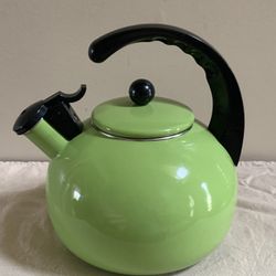 Avocado Green Enamel Whistling Tea Kettle - VGC 