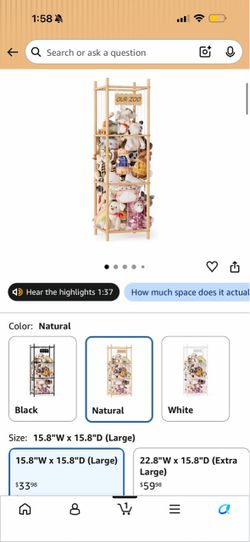 “Our Zoo” stuffed-animal storage cage in Natural color. The sizes shown are:  * Large: 15.8” W × 15.8” D * Extra Large: 22.8” W × 15.8” D