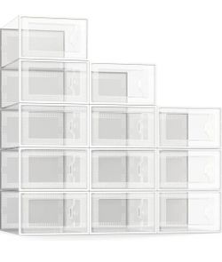 SEE SPRING 12 Pack Shoe Storage Box, Clear Plastic Stackable Shoe Organizer for Closet, Space Saving Foldable Shoe Rack Sneaker Container Bin Holder