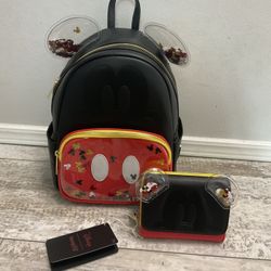 NWT Loungefky Mickey Confetti Ears Backpack And Wallet