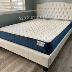 Queen White Crystal Button Bed With Ortho Matres!