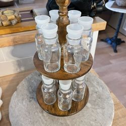 Vintage Rotating Wood Spice Rack With 16 Glass Apothecary Spice Jars Bottles