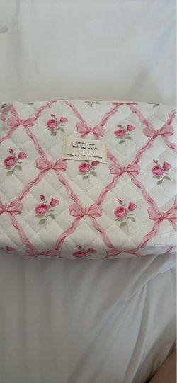 Quilted Floral Bow Cosmetic Pouch