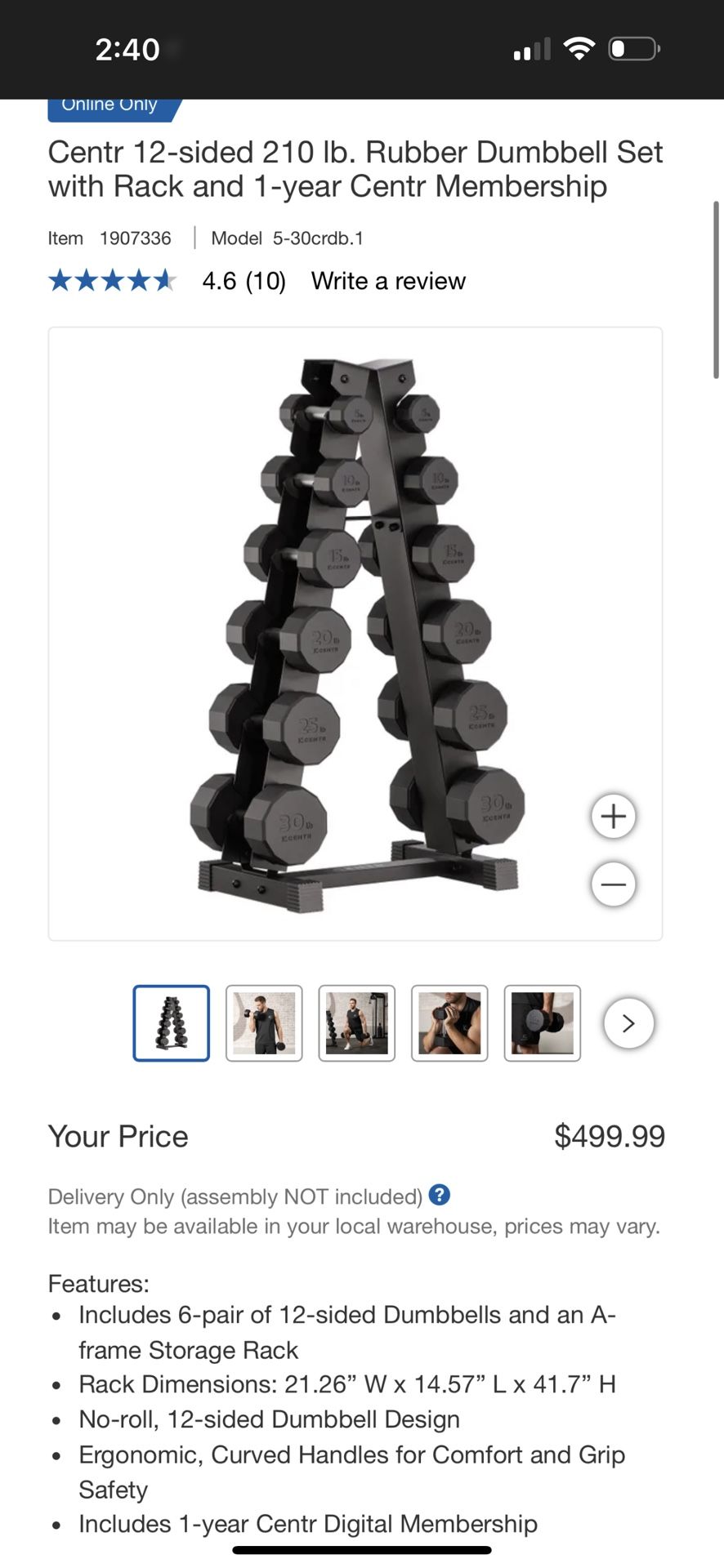 Centr 12-sided 210 lb. Rubber Dumbbell Set with Rack
