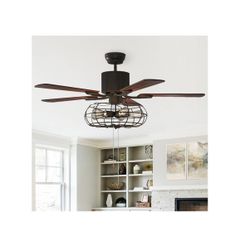 Bella Depot 42-Inch Industrial Ceiling Fan, Black Iron Caged Ceiling Fan with Lights and Remote, Rustic Ceiling Fan with 5 Wooden(F1)