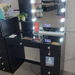 Black 6- Drawer Vanity With Bluetooth Mirror And Shelf 