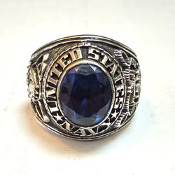 USN Navy Ring Silver Plated 20g Blue Sapphire Sz 11.75 United States 11 3/4 Signet Class