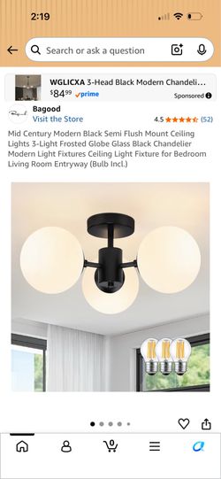 Mid Century Modern Black Semi Flush Mount Ceiling Lights 3-Light Frosted Globe Glass