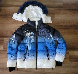 Rockstar Original Curry Royal Blue Ombre Skull Puffer Jacket Medium