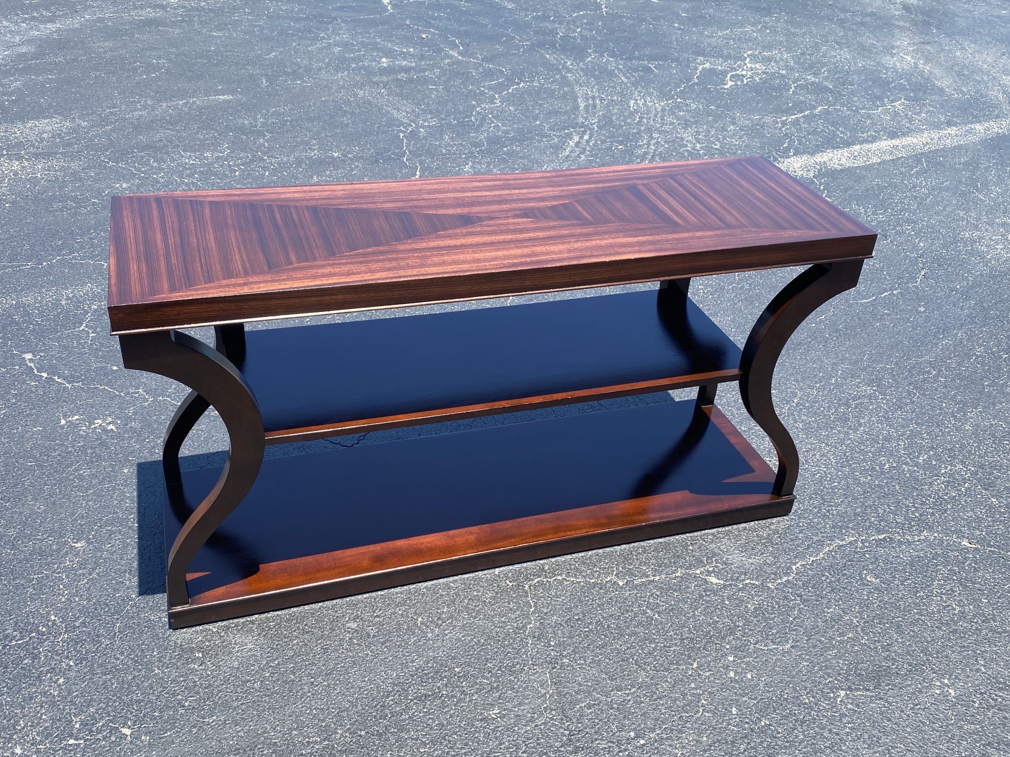 Ethan Allen Donatella Solid mahogany console table zebra wood top. Excellent condition 58"x30"18”