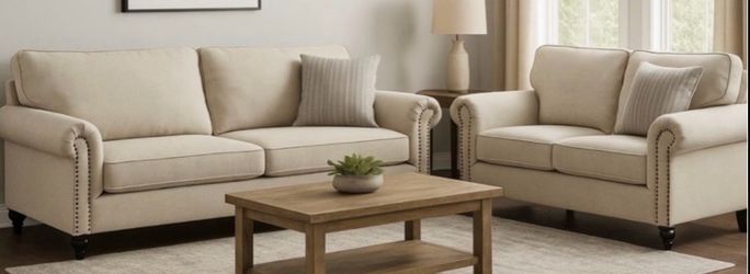 ✨ Matching Sofa Set – Beige Linen with Nailhead Trim