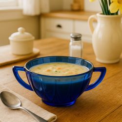 Hazel Atlas 1930s Newport Hairpin Cobalt Blue Cream Soup Bowl, 5x2.5”