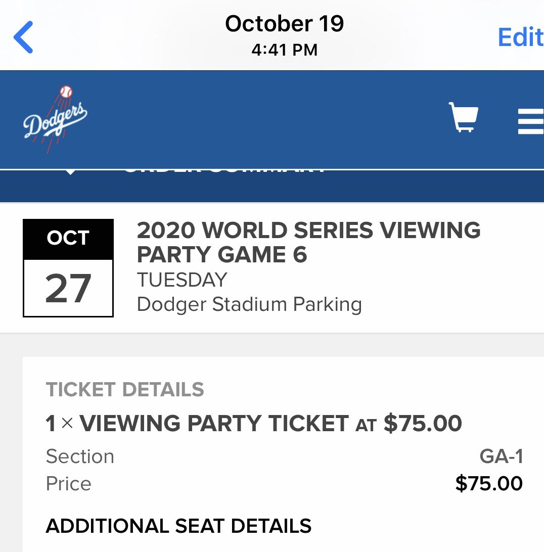 Dodger viewing party ticket for Tuesday