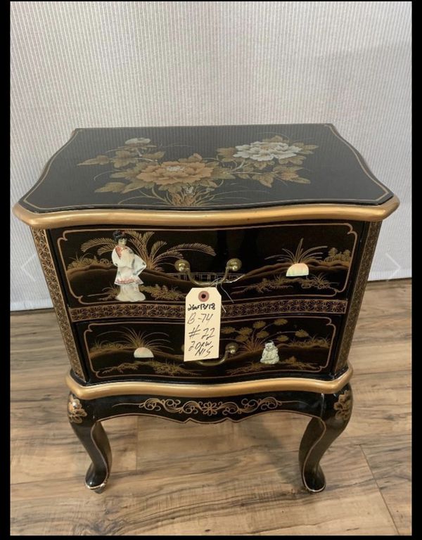 Antique hand painted Asian Night Stand Black & Gold size H-26, L-18, D ...