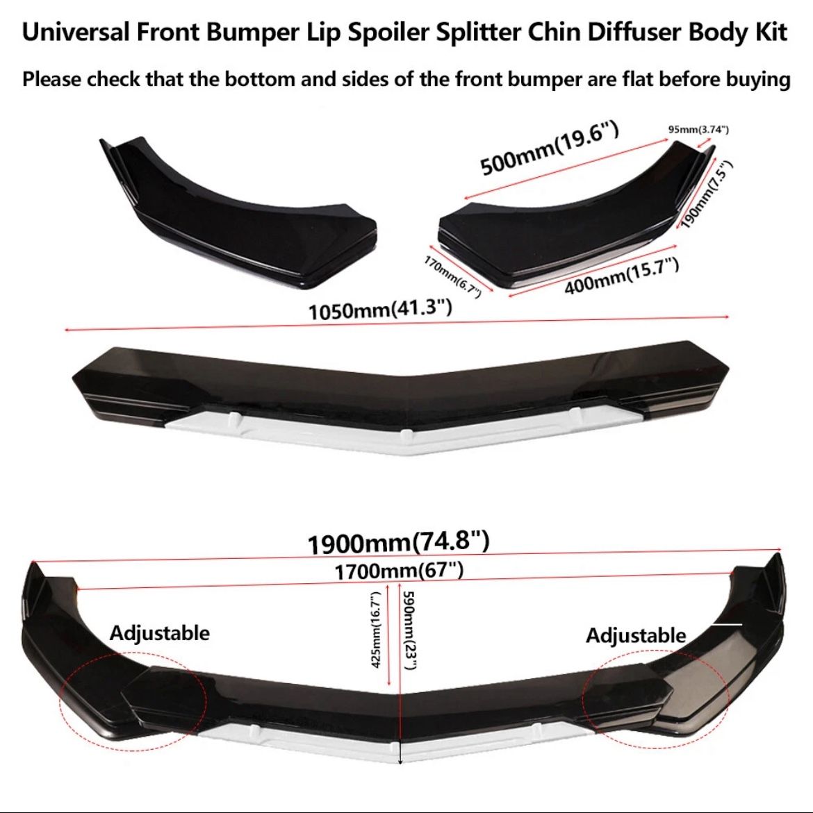 Universal Body Kit - Front, Bumper Lip, Side Skirts 86” Black And White
