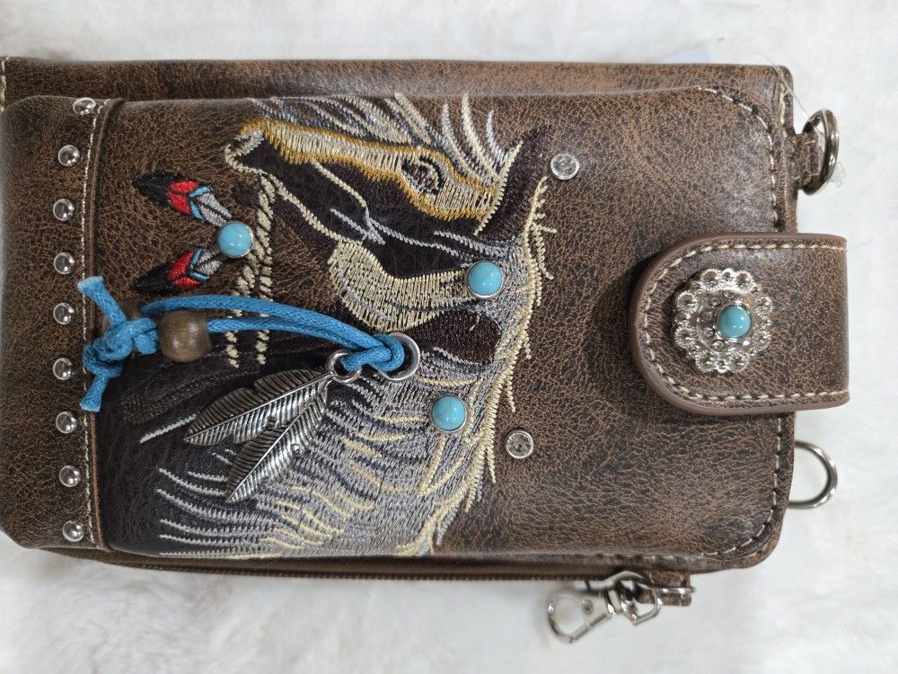 Brown Embroidered Horse Crossbody Western Phone Wallet