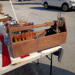 Vintage Hand Built Wood Toolbox With An Assortment Of Tools 