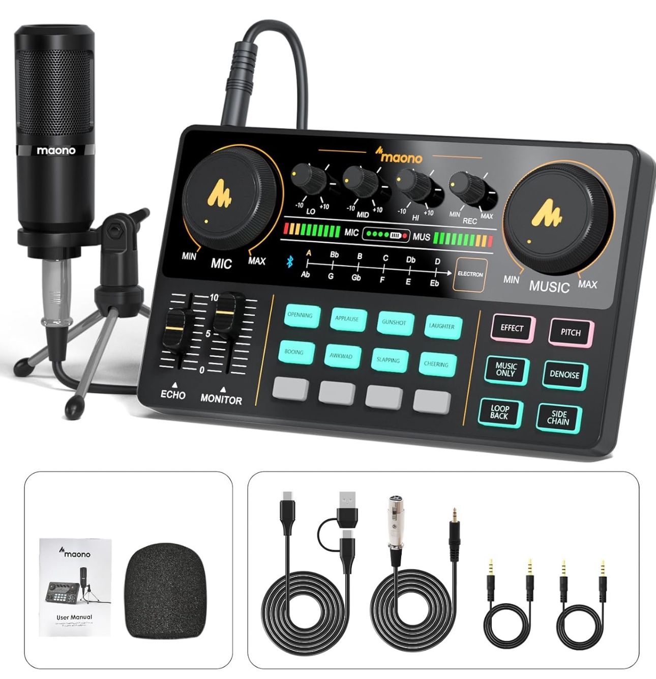 MAONO Podcast Equipment Bundle Audio mixer All-in-One Podcast Production Studio with 3.5mm Microphone for Live Streaming, Podcast Recording, PC