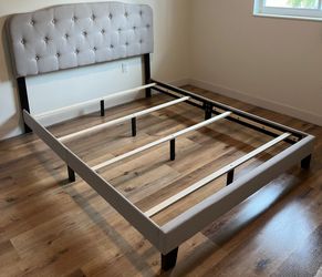 Gray tufted QUEEN bed frame in excellent condition