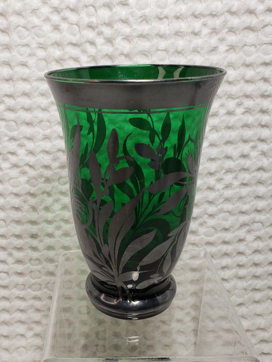 Vintage Green glass floral vase . 