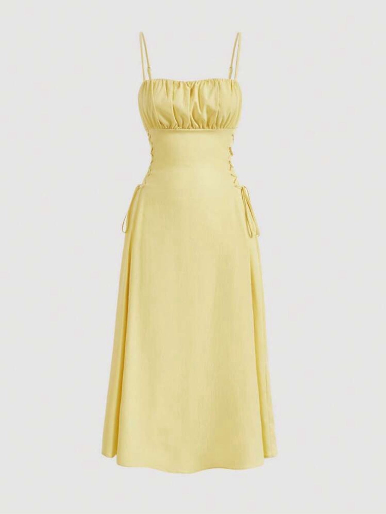 Shein Women Yellow Ruched Lace Up Cottage Midi Dress