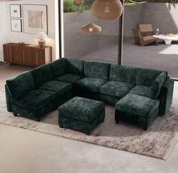 Noble House Claire 128 in. Square Arm 8-Piece Chenille Modular Convertible Sectional Sofa in. Antique Green with Storage, 2 Ottomans
