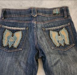 Vintage Wet Y2K-style Low-Rise Bootcut Jeans with Embellished  Pockets Size:26 Color:Blue