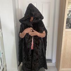 Black Hooded Mink Fur Shawl Coat One Size 