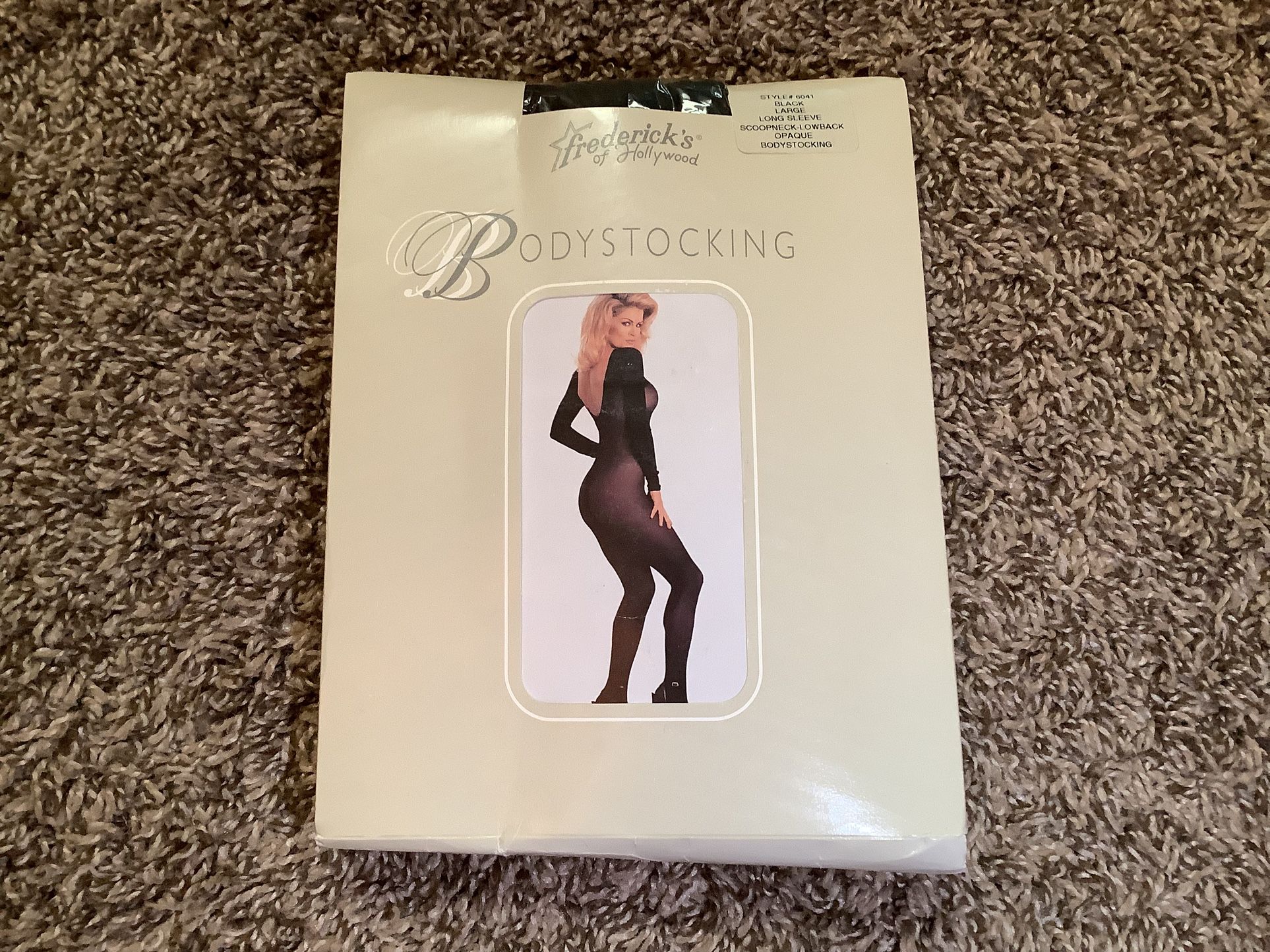 Frederick's of Hollywood long sleeve opaque body stocking, black, size: L